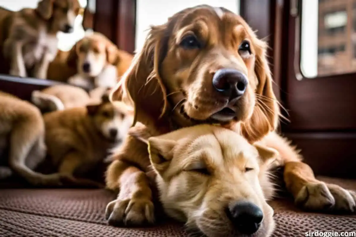 Dogs laying on top of each other having a snooze