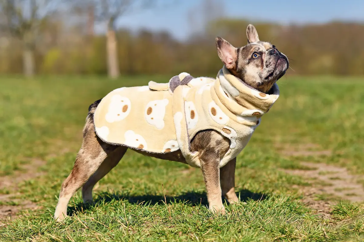 french bulldog wearing a coat in sunny field