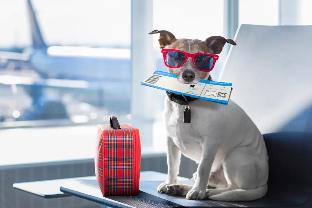dog with baggage sitting on seat ready for long airplane flight