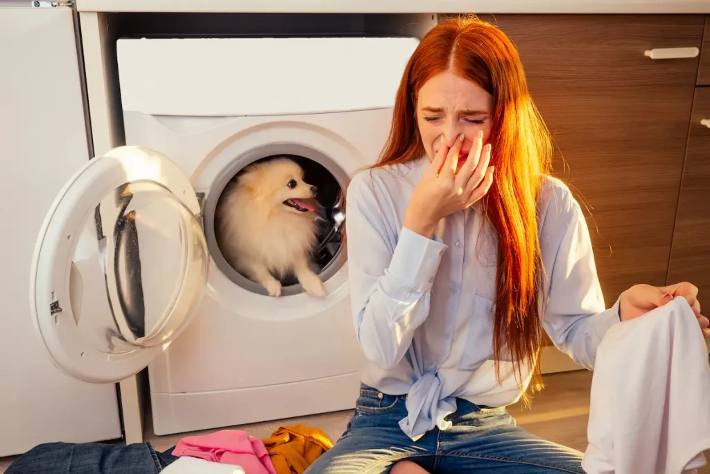 woman plugging nose because dog smells like fish and is ready to be cleaned