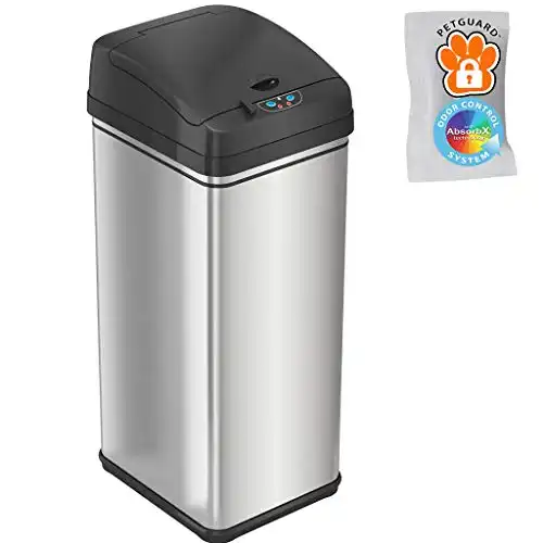 iTouchless 13 Gallon Pet-Proof Sensor Trash Can with AbsorbX Odor Filter Kitchen Garbage Bin Prevents Dogs & Cats Opening Lid, Plus, Stainless Steel with PetGuard