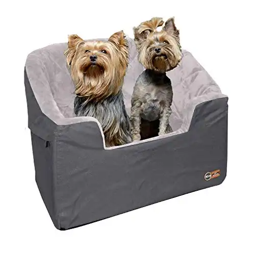 K&H Pet Product Bucket Booster Dog Car Seat with Dog Seat Belt for Car, Washable Small Dog Car Seat, Sturdy Dog Booster Seats for Small Dogs, Medium Dogs, 2 Safety Leashes, Large Gray/Gray