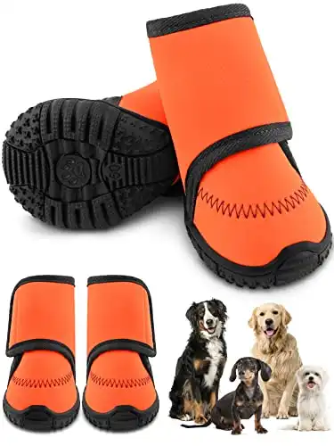 Petbobi Waterproof Dog Shoes Fluorescent Orange Dog Boots Adjustable Straps and Rugged Anti-Slip Sole Paw Protectors for All Weather Comfortable Easy to Wear Suitable for Large Dog (XL)
