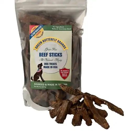 Green Butterfly Brands Meaty Beef Sticks – Human Grade, Grain Free, All Natural Beef Dog Treats Made in USA – Premium Slow Roasted American Beef – Grass Fed, Farm Raised – Crunchy Training Tre...