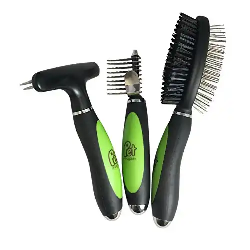 Professional Grooming Brushes (Pack of 3) Double Sided Brush, Long Tooth Undercoat Dog Rake & De-Matting Comb for Dogs, Cats & Other Animals, Green & Black (DogBrushesTop)