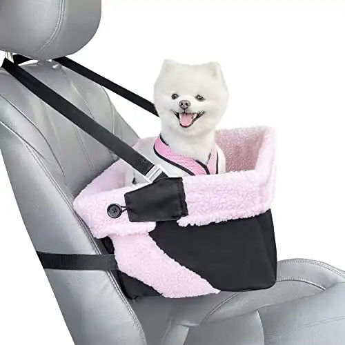 Stella and Bear Pink and Black Cozy Boost with Clip On Leash Dog Car Seat- Dog Booster Seat and Collapsible Dish for Small Dogs, Puppies, and Pets Up to 18 lbs