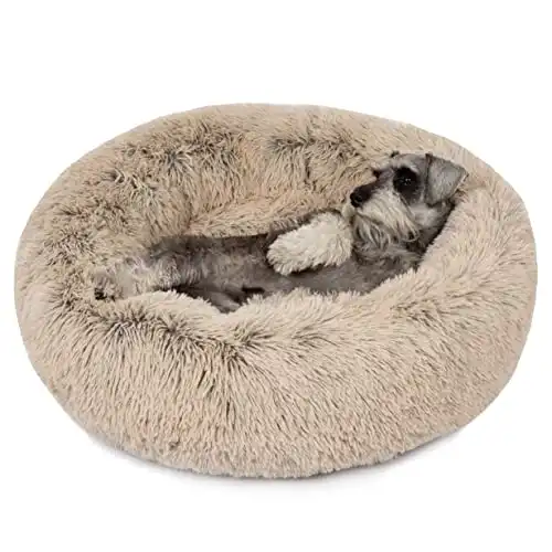 Friends Forever Coco Donut Dog Bed, Soft Faux Fur Cat Couch For Indoor Pet, Fluffy Calming Plush Shag, Round Raised Rim Bolster Cushion, Machine Washable Cuddler, Self Warming, 30x30, Tan