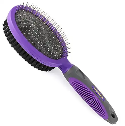 Double Sided Combo Pins and Bristle Brush by Hertzko - For Dogs and Cats with Long or Short Hair - Dense Bristles Remove Loose Hair from Top Coat and Pin Comb Removes Tangles, and Dead Undercoat (Doub...