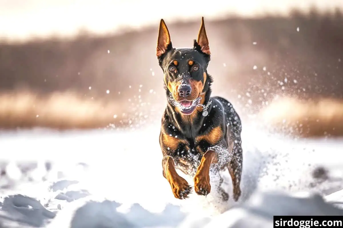 doberman leaping through the snow