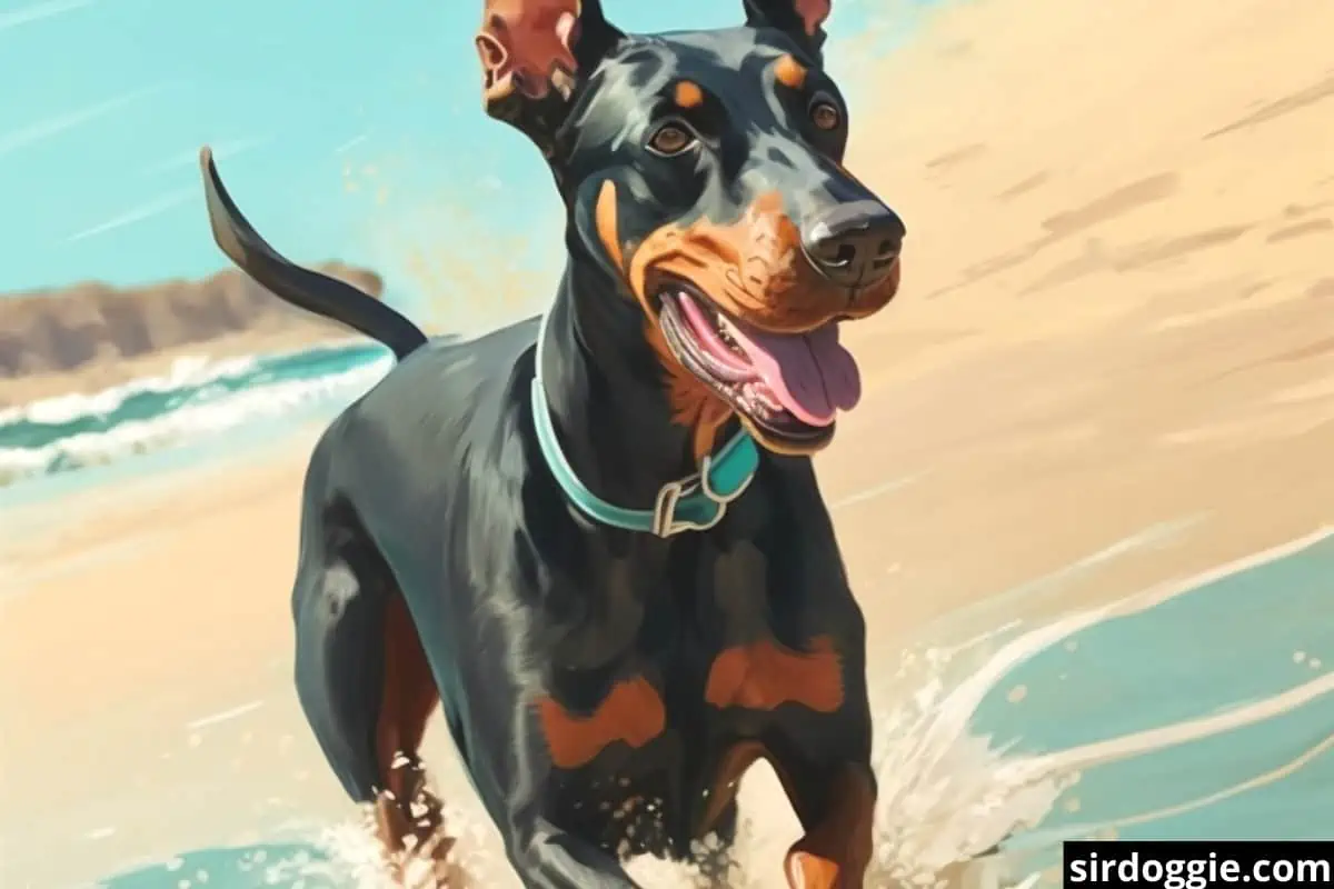 happy doberman running on beach