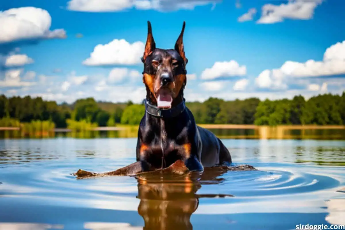 Dobermans DO like swimming but need to be introduced to water.