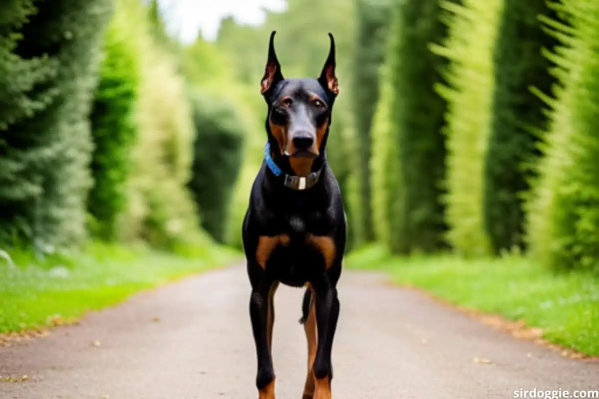 A happy Doberman in the park