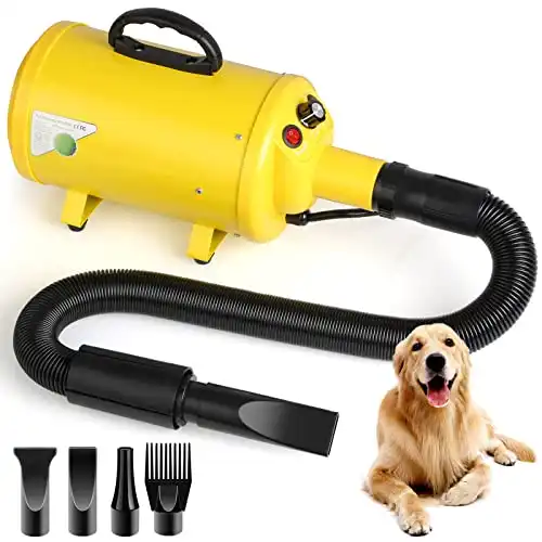 Dog Hair Dryer, 3.8HP 2800W Pet Grooming Blower for Large Dogs Hair Force Blaster with Heat, Stepless Speed Adjustable Strong Power Wind, Yellow