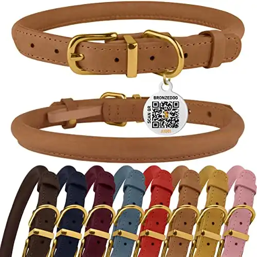 BRONZEDOG Rolled Leather Dog Collar with QR ID Tag Adjustable Soft Round Collars for Small Medium Large Dogs Puppy Cat (12" - 14" Neck Size, Camel)