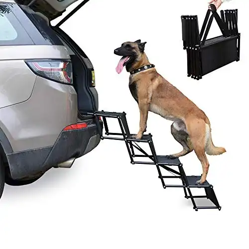 Heeyoo Upgraded Nonslip Car Dog Steps, Portable Metal Fram Large Dog Stairs for High Beds, Trucks, Cars and SUV, Lightweight Folding Pet Ladder Ramp with Wide Steps can Support 150 Lbs (Black,4steps)