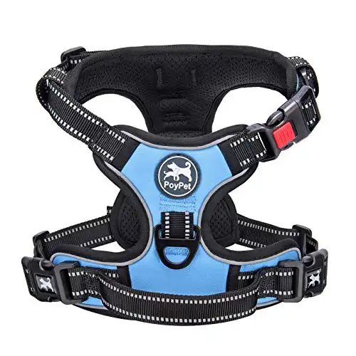 PoyPet No Pull Dog Harness, No Choke Front Clip Dog Reflective Harness, Adjustable Soft Padded Pet Vest with Easy Control Handle for Small to Large Dogs(Light Blue,L)