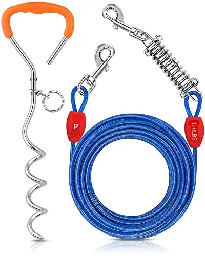Petbobi Dog Tie Out Cable and Stake - 30FT Heavy Duty Cable with Spring - No Tangle, 16-inch Ground Stake - Ideal for Yard, Camping, and Beach - Suitable for Medium to Large Dogs Up to 120 lbs